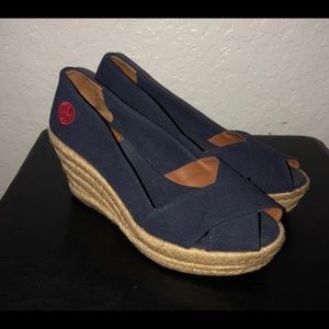 Tory Burch Wedge Espadrilles Navy Blue Sz 6